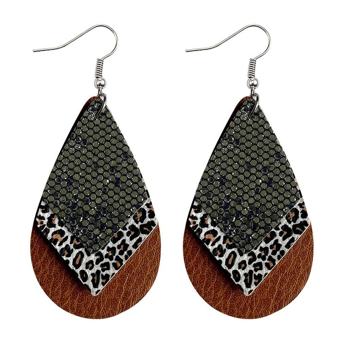 Wholesale 50pcs Earrings Multi-Layered Glitter Leopard Print Drop-Shaped Leather Earrings Export Leather Earrings