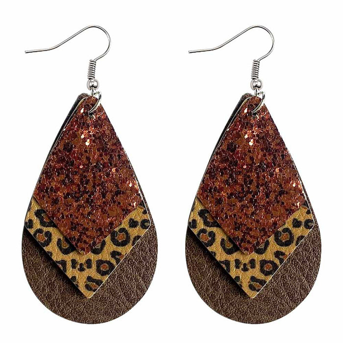 Wholesale 50pcs Earrings Multi-Layered Glitter Leopard Print Drop-Shaped Leather Earrings Export Leather Earrings