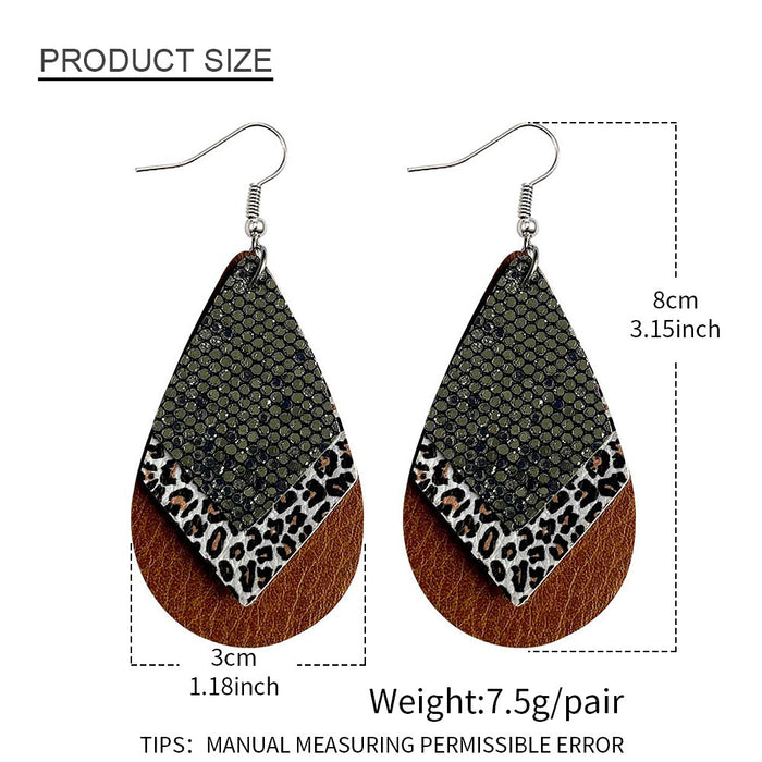 Wholesale 50pcs Earrings Multi-Layered Glitter Leopard Print Drop-Shaped Leather Earrings Export Leather Earrings