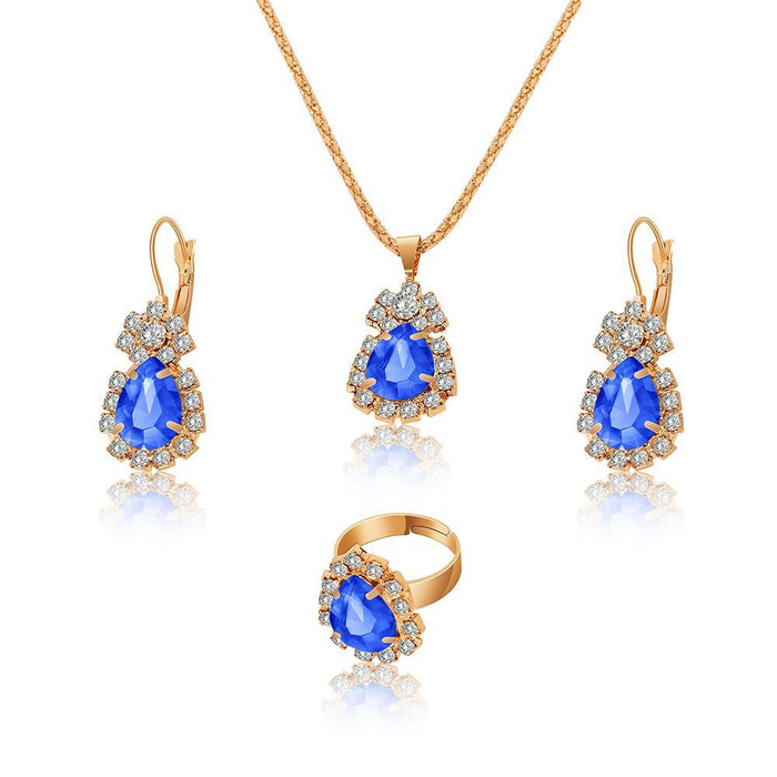 Wholesale water drops rhinestone necklace earrings ring set high-grade bridal jewelry