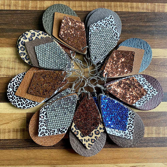 Wholesale 50pcs Earrings Multi-Layered Glitter Leopard Print Drop-Shaped Leather Earrings Export Leather Earrings