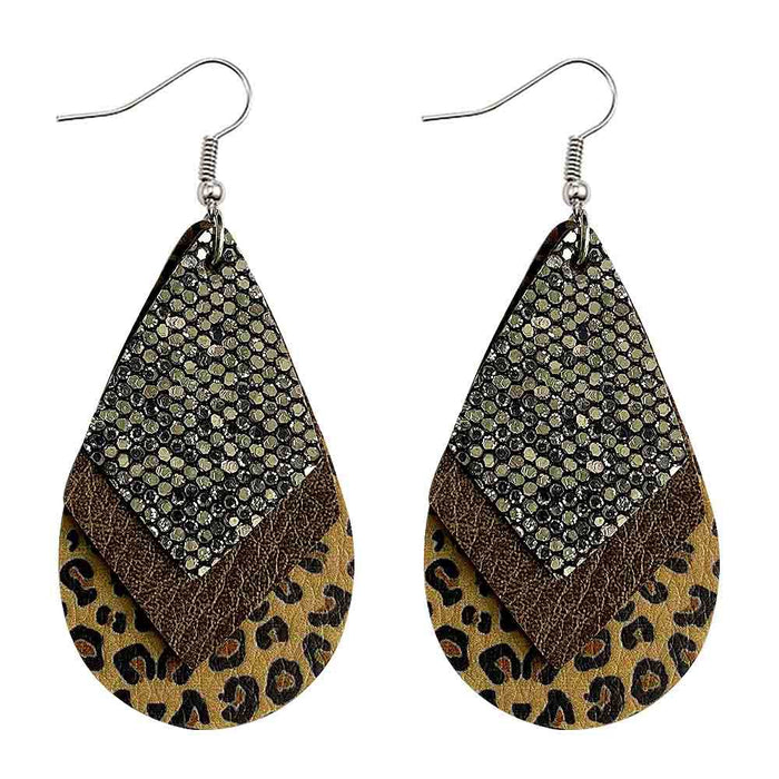 Wholesale 50pcs Earrings Multi-Layered Glitter Leopard Print Drop-Shaped Leather Earrings Export Leather Earrings