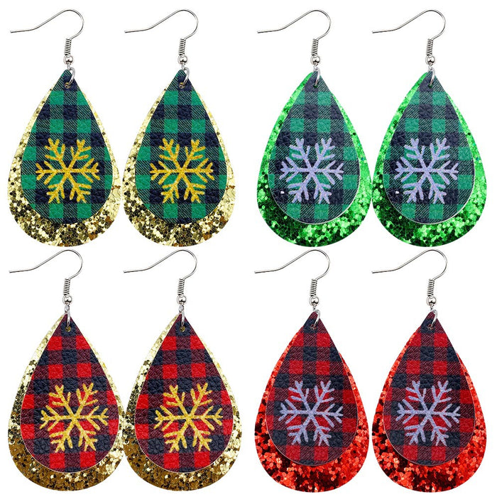 Wholesale 50pcs Christmas Earrings European and American Plaid Snowflake Leather Earrings Double Layer Sequin Christmas Ornaments