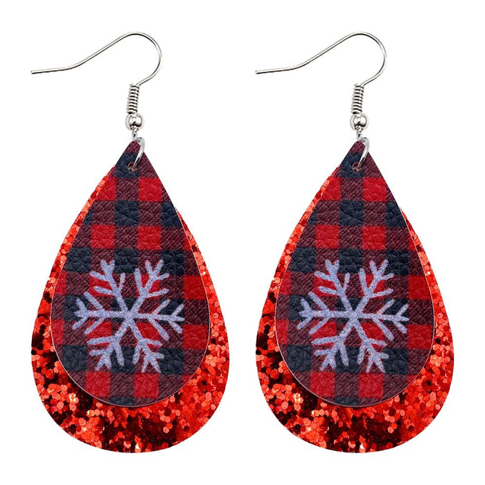 Wholesale 50pcs Christmas Earrings European and American Plaid Snowflake Leather Earrings Double Layer Sequin Christmas Ornaments