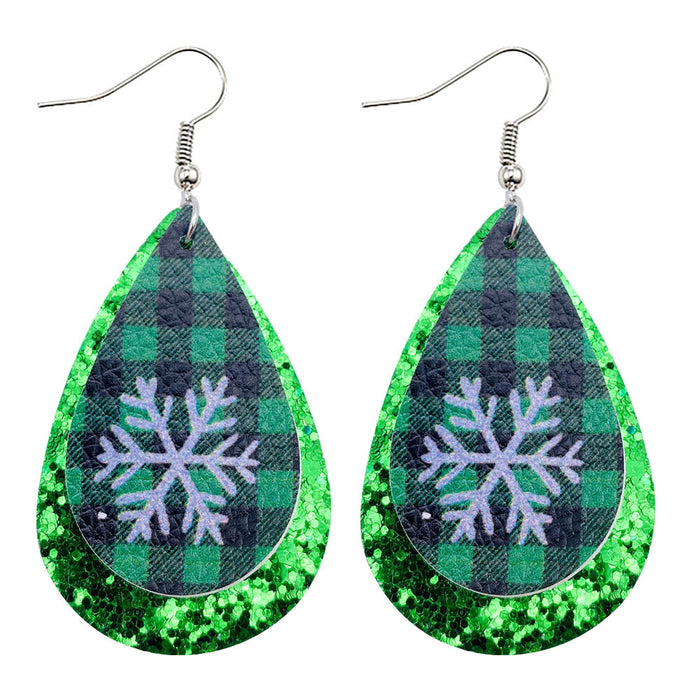 Wholesale 50pcs Christmas Earrings European and American Plaid Snowflake Leather Earrings Double Layer Sequin Christmas Ornaments