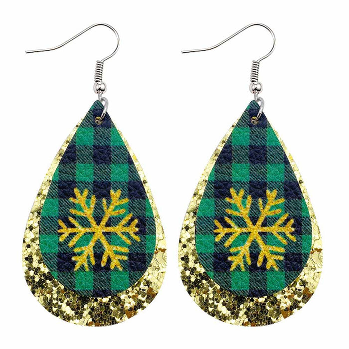 Wholesale 50pcs Christmas Earrings European and American Plaid Snowflake Leather Earrings Double Layer Sequin Christmas Ornaments
