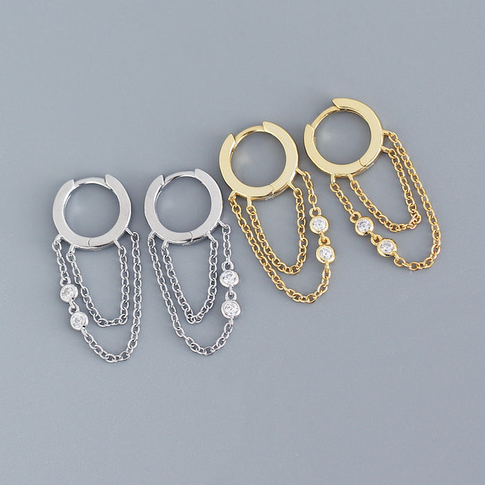 Wholesale Solid silver geometric tassel studded diamond versatile ear buckle earrings