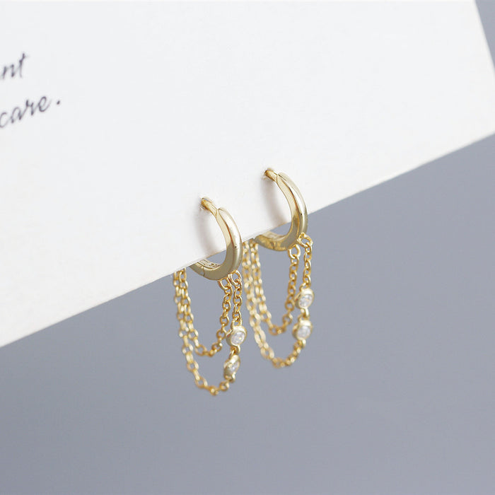 Wholesale Solid silver geometric tassel studded diamond versatile ear buckle earrings