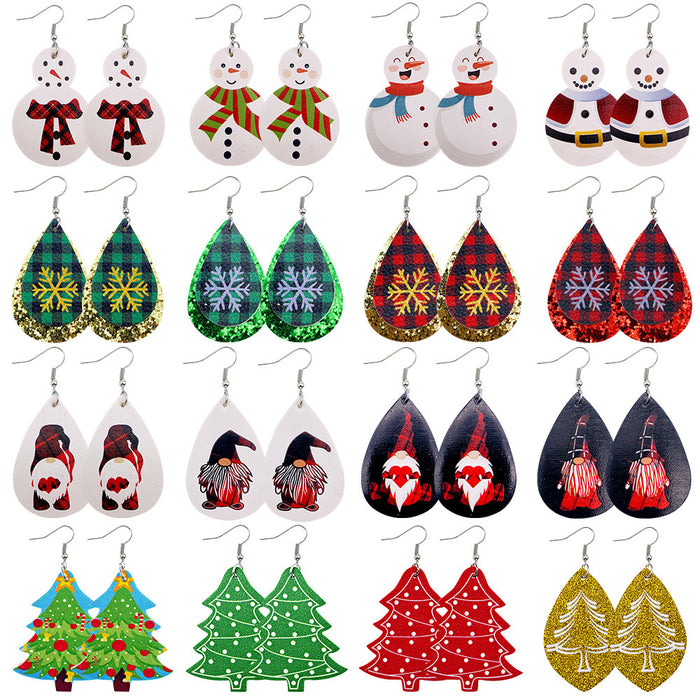 Wholesale 50pcs Christmas Earrings Christmas Dwarf Snowman Christmas Tree Snowflake Pu Leather Earrings Holiday Ornaments