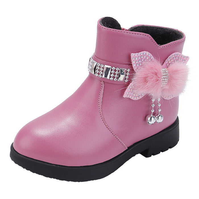 Wholesale A Pair/ Children's Mid-range Warm Leather Boots with Cute Bow and Plush Cotton Shoes JDC-KS-SB002