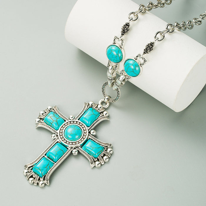 Wholesale Alloy Cross Shape Turquoise Pendant Necklace JDC-NE-HM001