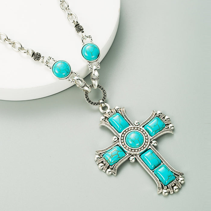 Wholesale Alloy Cross Shape Turquoise Pendant Necklace JDC-NE-HM001