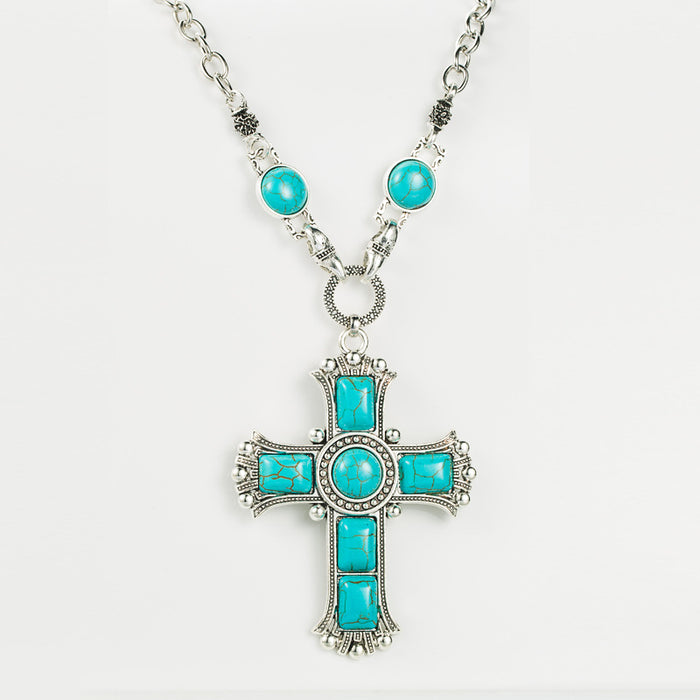 Wholesale Alloy Cross Shape Turquoise Pendant Necklace JDC-NE-HM001