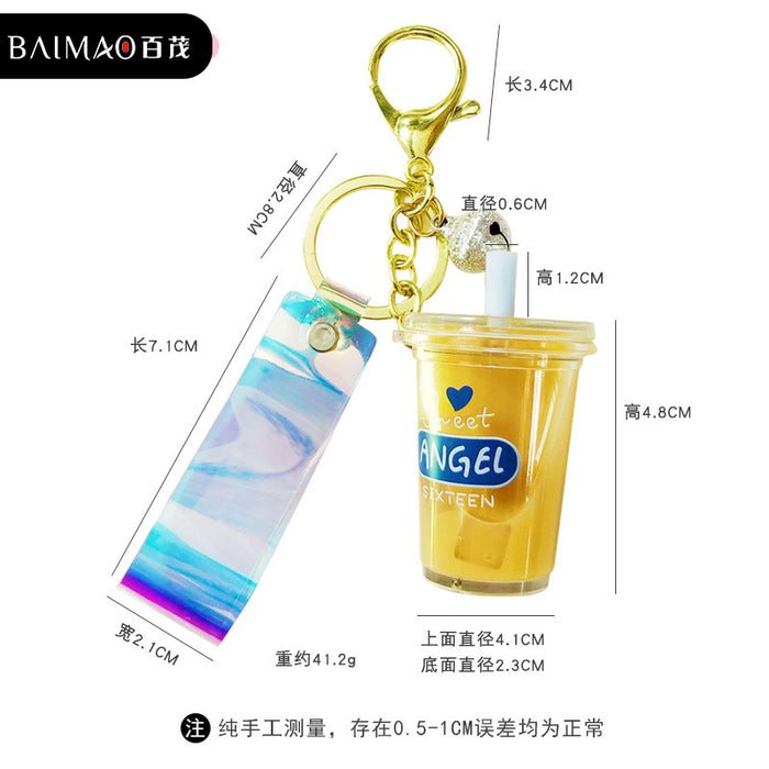 Wholesale Creative Cartoon Acrylic Milk Tea Cup Flowing Sand Keychain Cute Creative Accessories Bag Pendant