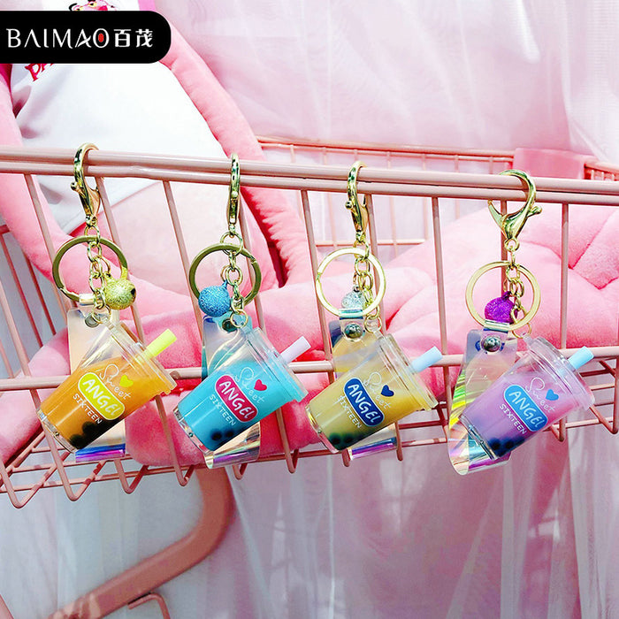 Wholesale Creative Cartoon Acrylic Milk Tea Cup Flowing Sand Keychain Cute Creative Accessories Bag Pendant