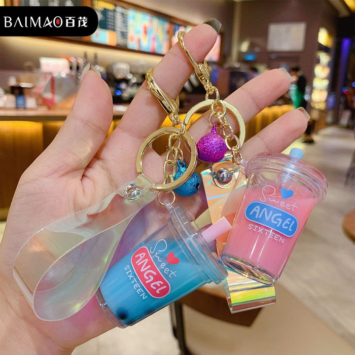 Wholesale Creative Cartoon Acrylic Milk Tea Cup Flowing Sand Keychain Cute Creative Accessories Bag Pendant