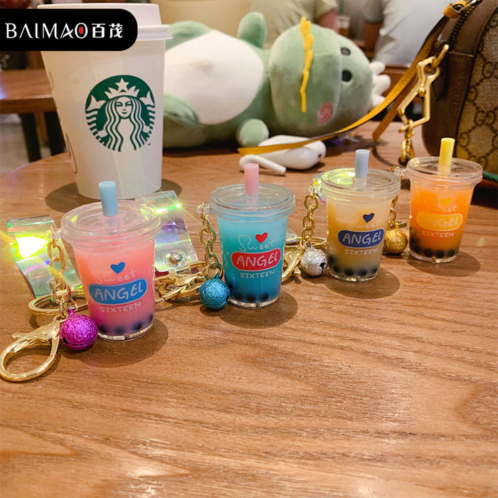 Wholesale Creative Cartoon Acrylic Milk Tea Cup Flowing Sand Keychain Cute Creative Accessories Bag Pendant