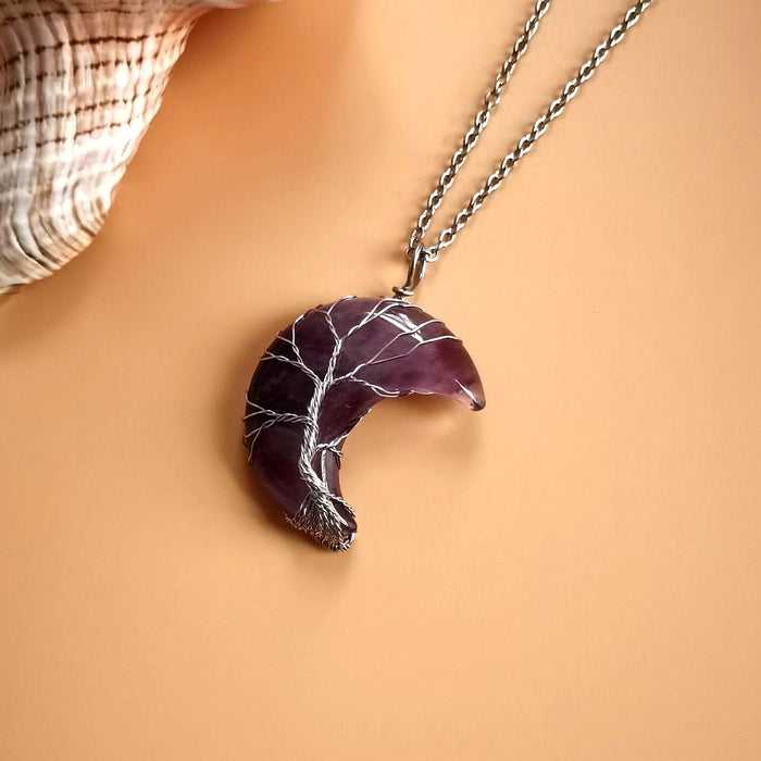 Wholesale Winding Moon Natural Stone Amethyst Life Tree Necklace Handmade Wealth Tree Necklace N512 JDC-NE-HXu004