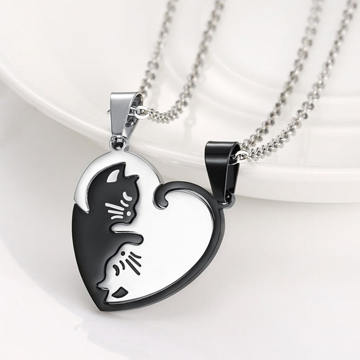 Wholesale Stainless Steel Black and White Cat Hug Splicing Pendant Necklace JDC-NE-LiL004