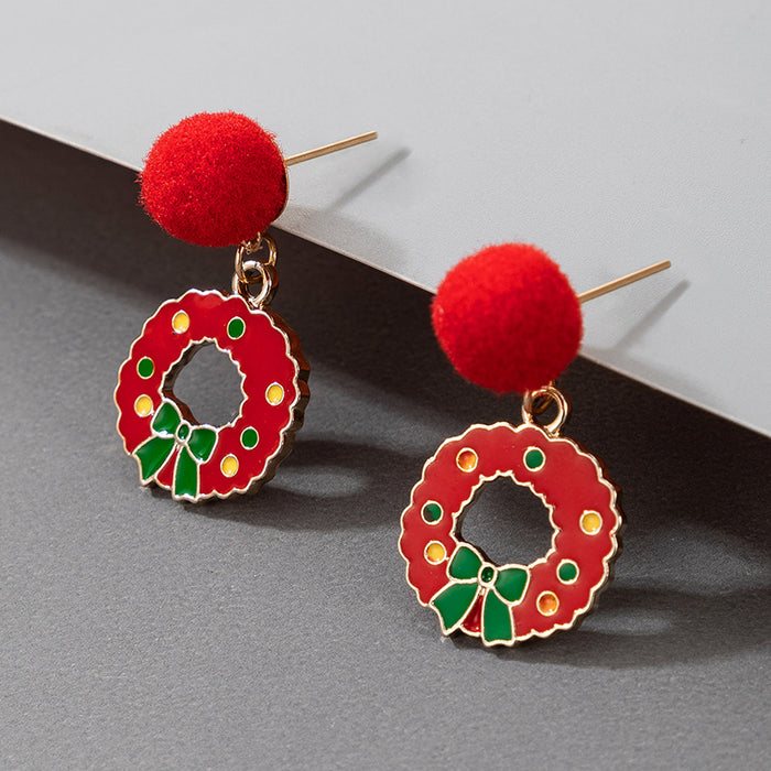 Wholesale Christmas Candy Elk Bell Earrings with Red Green Wool Ball Fashion MOQ≥2