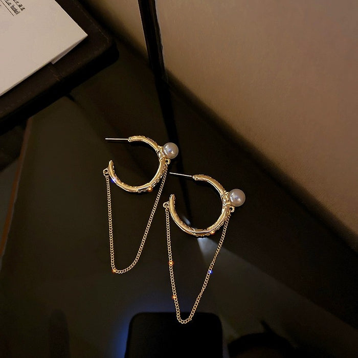 Wholesale Round Pearl High-grade Chain Earrings Elegant Geometric Circle Diamond Simple