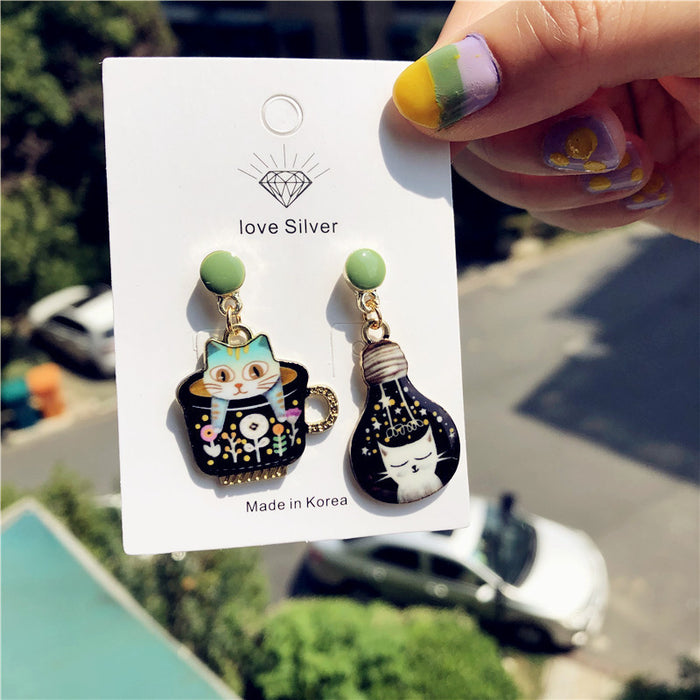 Wholesale Cute Teacup Light Bulb Cat Asymmetric Alloy Earrings JDC-ES-Xingj034