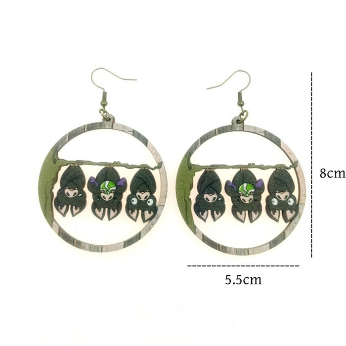 Wholesale Halloween Wooden Printing Skull Bat Pumpkin Ghost Earrings JDC-ES-Yinxue006