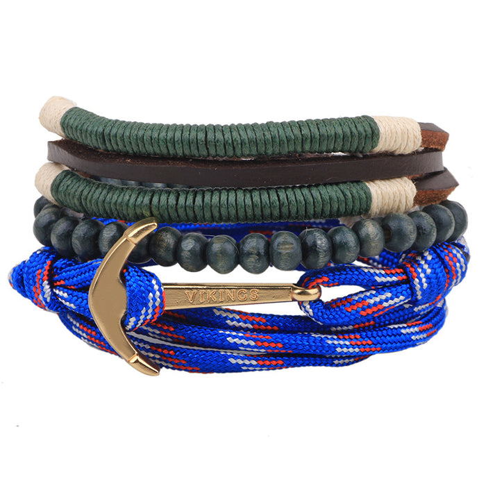 Wholesale Leather Multi-root Combination Men's Cowhide Strap Anchor Wooden Bead Bracelet JDC-BT-QiN019