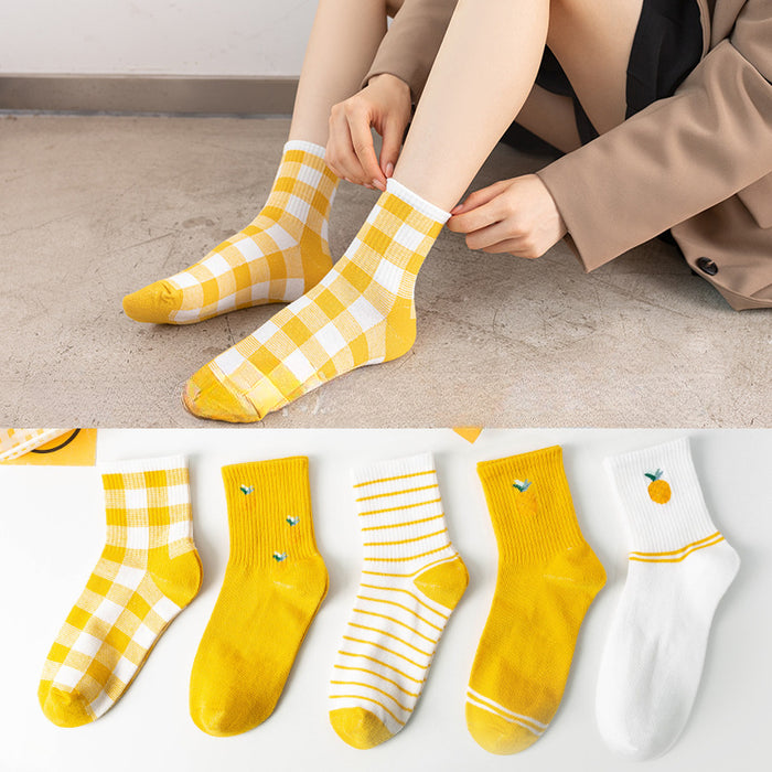Wholesale 10pcs Polyester Cotton Yellow Pineapple Socks Versatile Plaid Mid-calf Socks JDC-SK-Miqi010