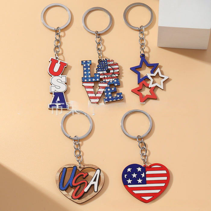 Wholesale Hollow Heart Independence Day Wooden Keychain JDC-KC-RongRui007