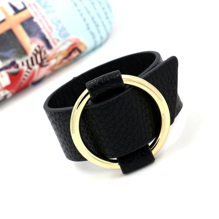 Wholesale Personalized adjustable opening metal ring bracelet, faux leather bracelet, fashionable and versatile wide bracelet for women