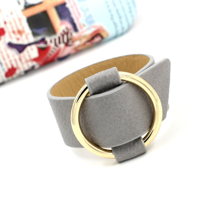Wholesale Personalized adjustable opening metal ring bracelet, faux leather bracelet, fashionable and versatile wide bracelet for women
