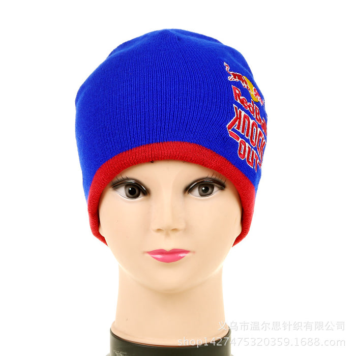 Wholesale Knitted jacquard hat with stripes and logo,  football fan gift beanie with earmuffs