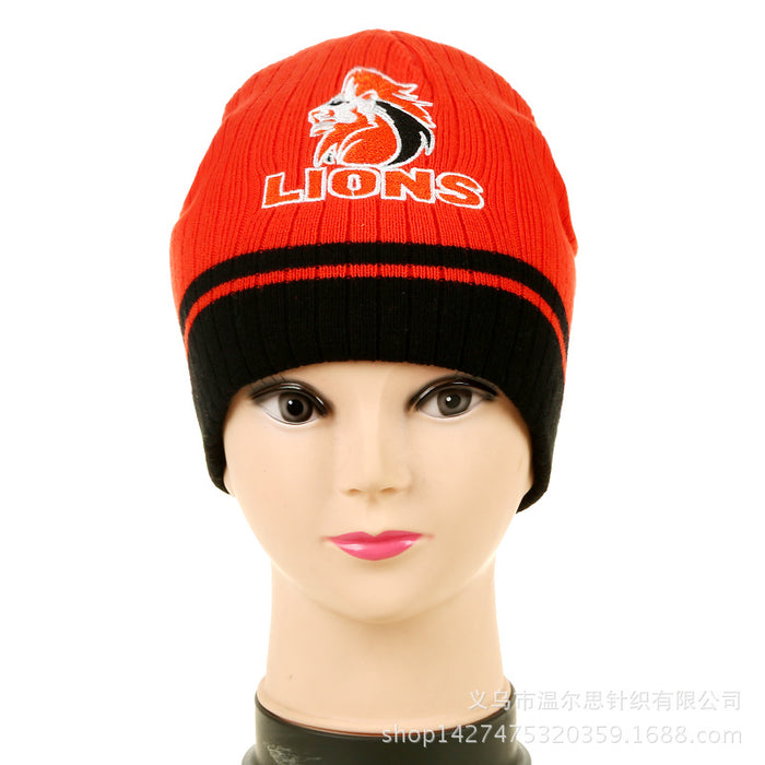 Wholesale Knitted jacquard hat with stripes and logo,  football fan gift beanie with earmuffs