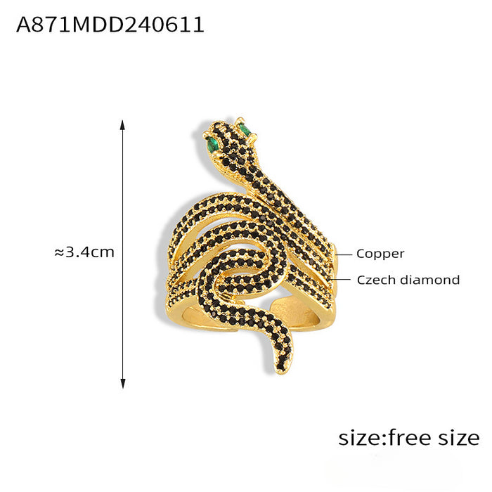 Wholesale Snake Shape Inlaid Colored Diamond Copper Material Open Ring JDC-RS-MiLi002