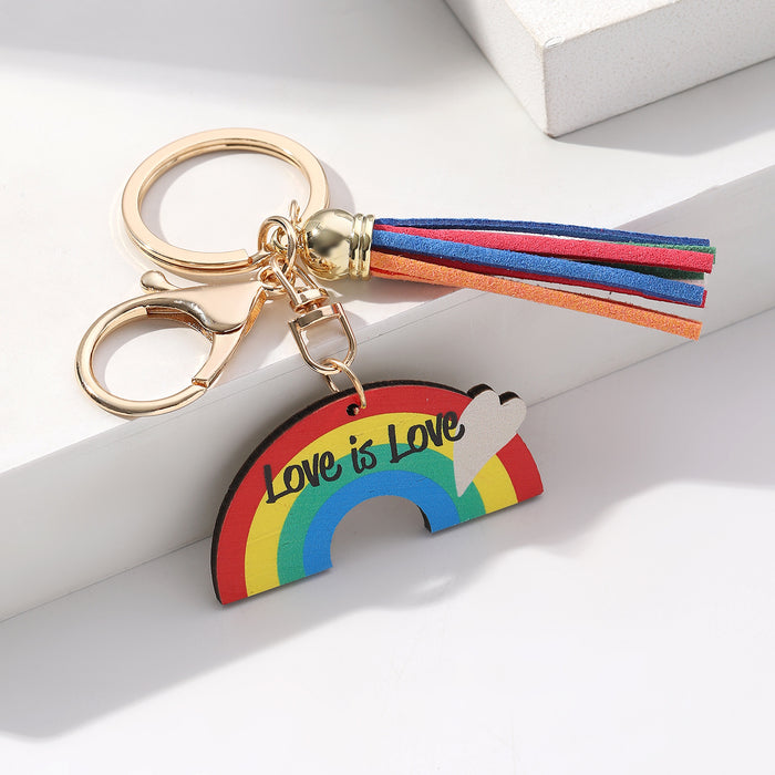 Wholesale Pride Day Love Rainbow Tassel Wooden Keychain JDC-KC-RongRui017