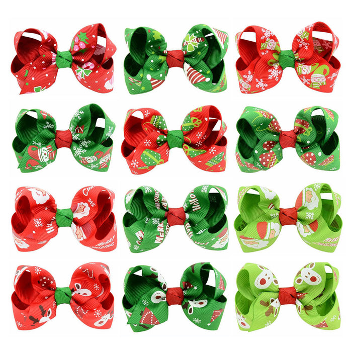 Wholesale Polyester Children's Printed Glitter Bow Christmas Elk Hairpin JDC-HC-Xiane013