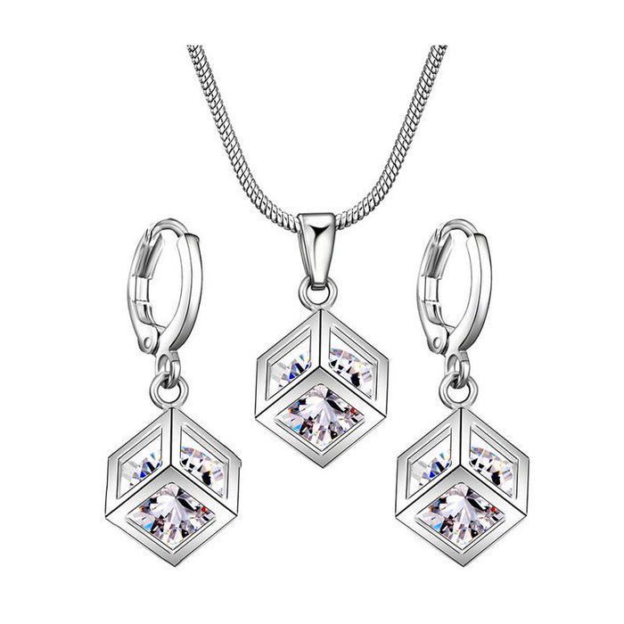 Wholesale Hollow Box Small Square with Zircon Cube Jewelry Cube Jewelry Crystal Necklace Earrings 2-piece Set