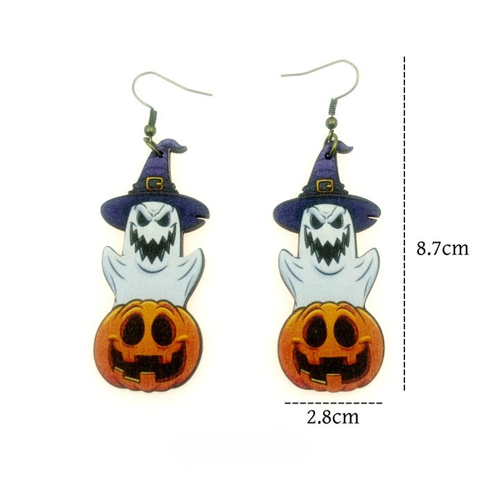 Wholesale Halloween Wooden Pumpkin Ghost Print Earrings JDC-ES-Yinxue002