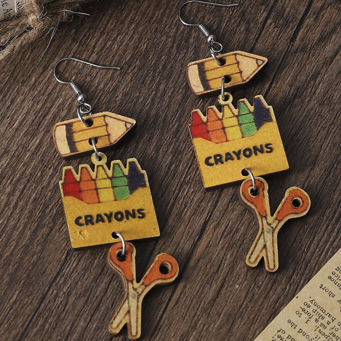 Wholesale earrings Double-sided wooden pencil colored pencil scissor earrings JDC-ES-ChL018