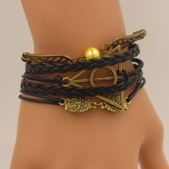Wholesale Wax rope alloy owl triangle angel wing bracelet