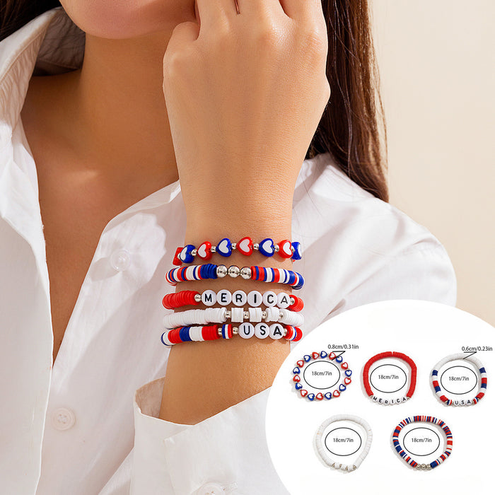 Wholesale American Independence Day Stretch Star Flag Contrast Color Polymer Clay Beaded Letter Bracelet JDC-BT-DaoNi003