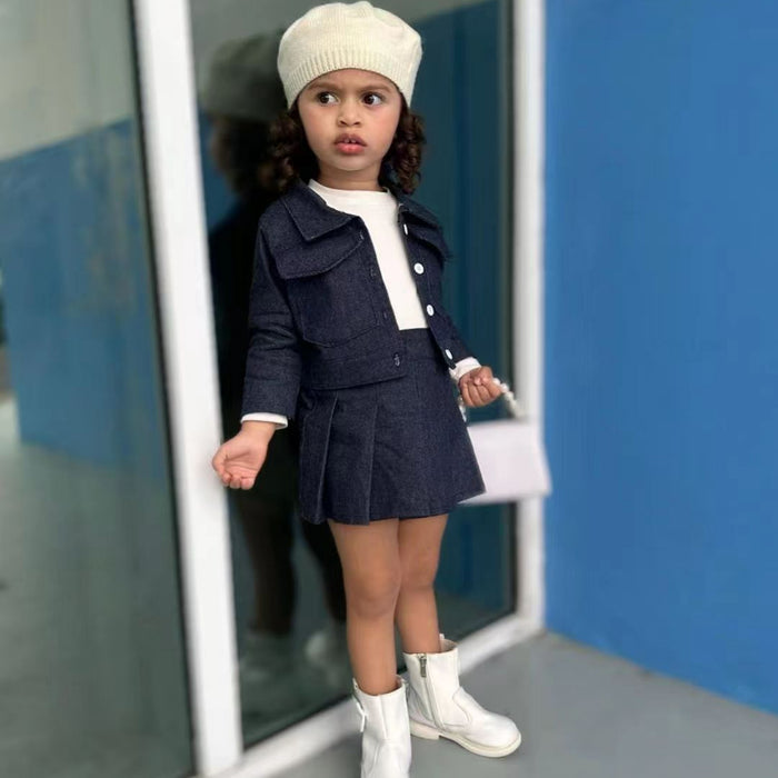 Wholesale Denim Skirt Preppy Style Long Sleeve Top Pleated Skirt Children's Set JDC-CTS-YaYaMi036