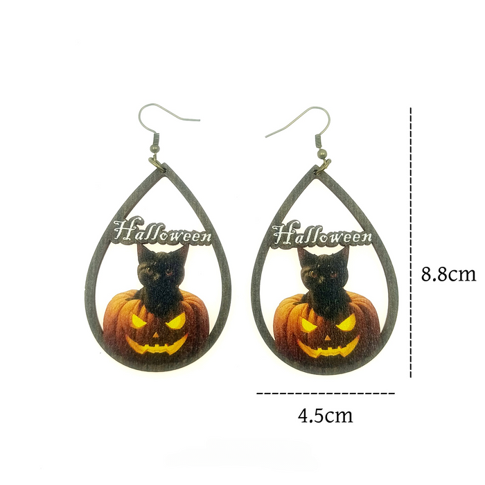 Wholesale Halloween Wooden Printing Skull Bat Pumpkin Ghost Earrings JDC-ES-Yinxue006