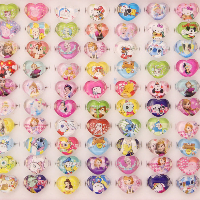 Wholesale 100pcs Children' s cute cartoon ring water thermal transfer acrylic princess ring small gift