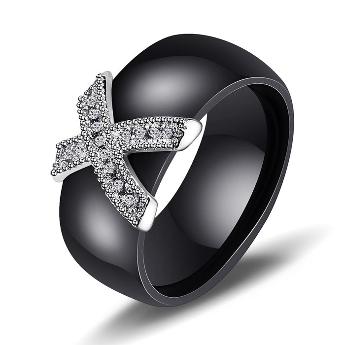 Wholesale Couple Rings Black and White Ceramic X Rings Inlaid with Zircon 8mm Fashion Rings