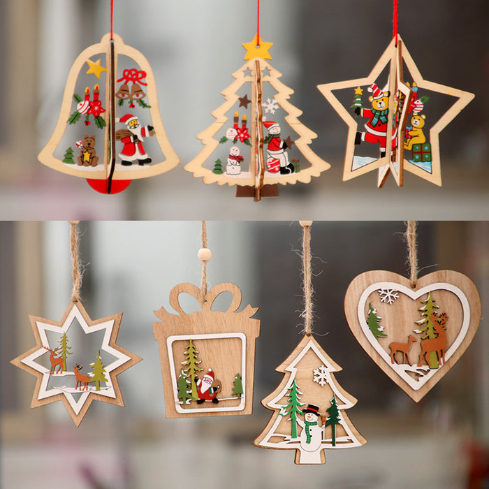 Wholesale Christmas decorations wooden Christmas laser hollow Christmas tree small pendant wooden five-pointed star Bell pendant gift