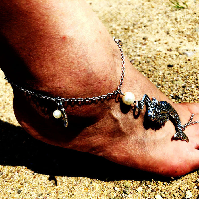 Wholesale   Beach Seaside Mermaid Big Pearl Foot Scallop Small Pearl Anklet