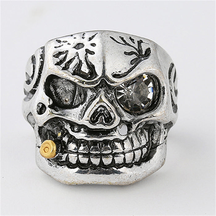 Wholesale W Skull Pipe Ring Domineering Diamond Alloy Ring Personality Punk Jewelry JDC-RS-Baos002