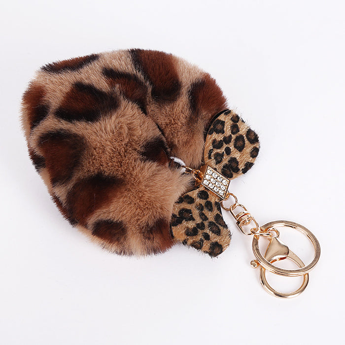 Wholesale Leopard Print Heart Hair Ball Keychain Diamond Bow JDC-KC-WuoD024
